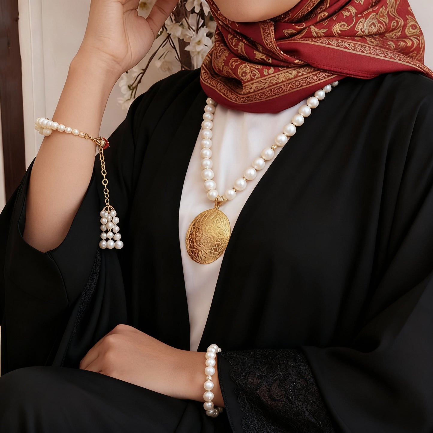 طقم مريم اللؤلؤ مناسب للعبايات السوداء