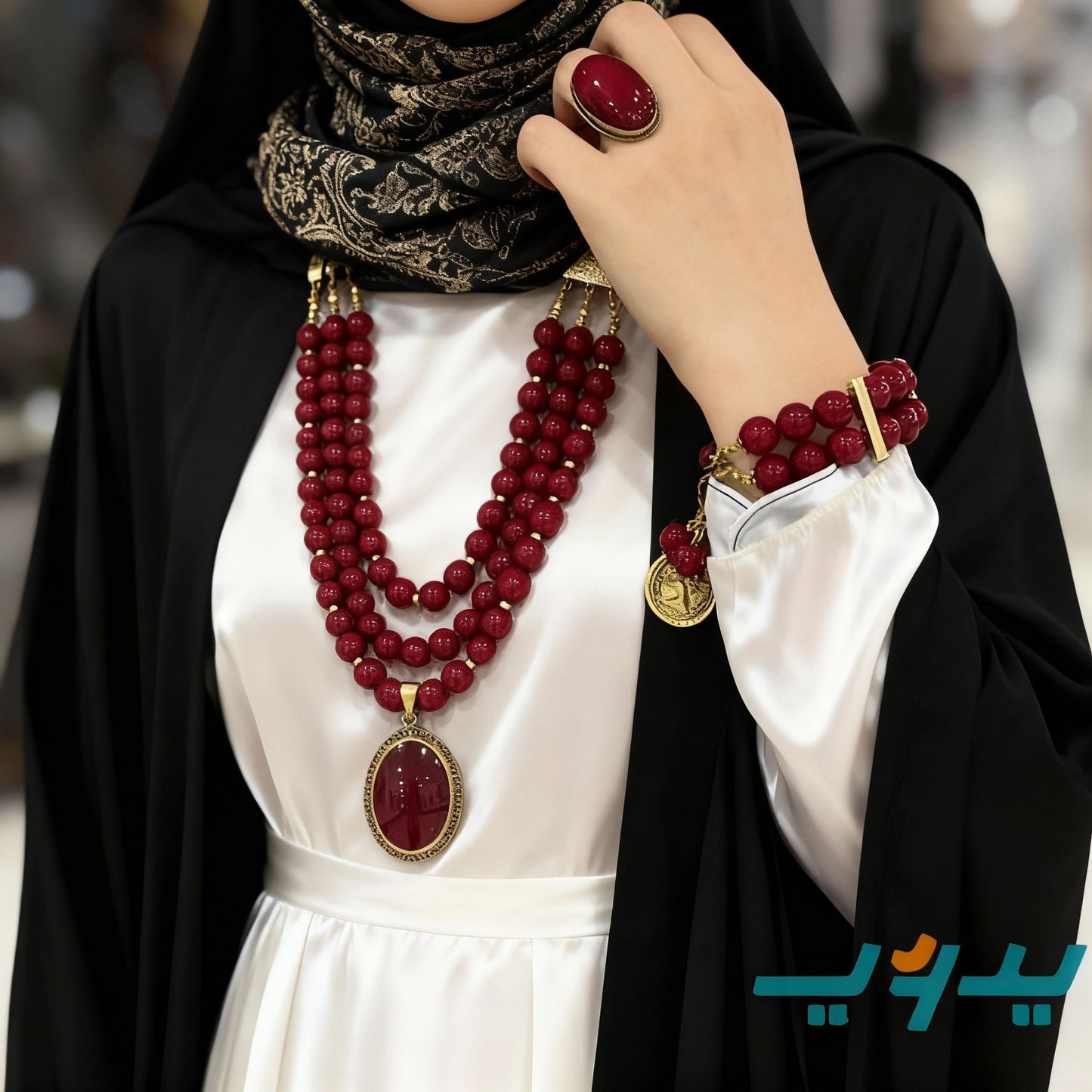 طقم عهد بحجر المرجان الأحمر – مطلي بماء الذهب