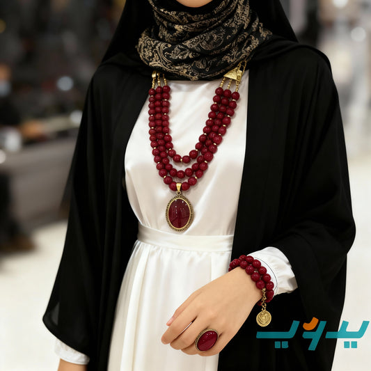 طقم عهد بحجر المرجان الأحمر – مطلي بماء الذهب