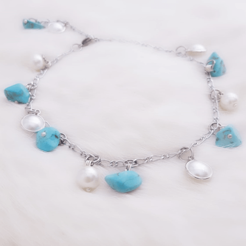 خلخال لينا من اللؤلؤ و الفيروز – مطلي بماء الفضه (7562482811094)