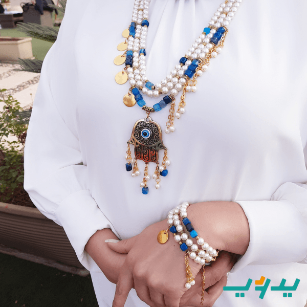 طقم العين الزرقاء بالعقيق - مطلي بماء الذهب