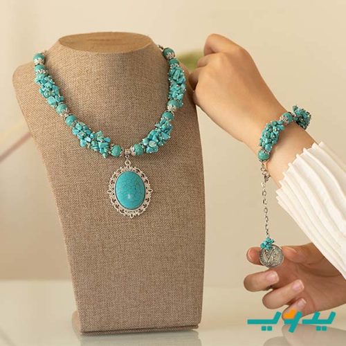 طقم فريدة بحجر الفيروز – مطلي بماء الفضه (7562961125590)