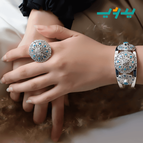 طقم زهور الفيروز – مطلي بماء الفضه (7548254683350)