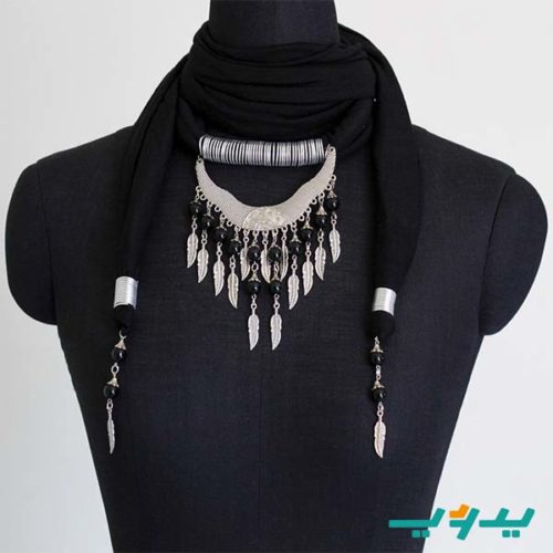 شال رقبة و عقد ريشة العقيق – أسود (7550522458326)