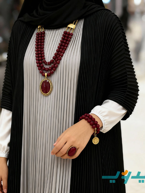 طقم عهد بحجر المرجان الأحمر – مطلي بماء الذهب