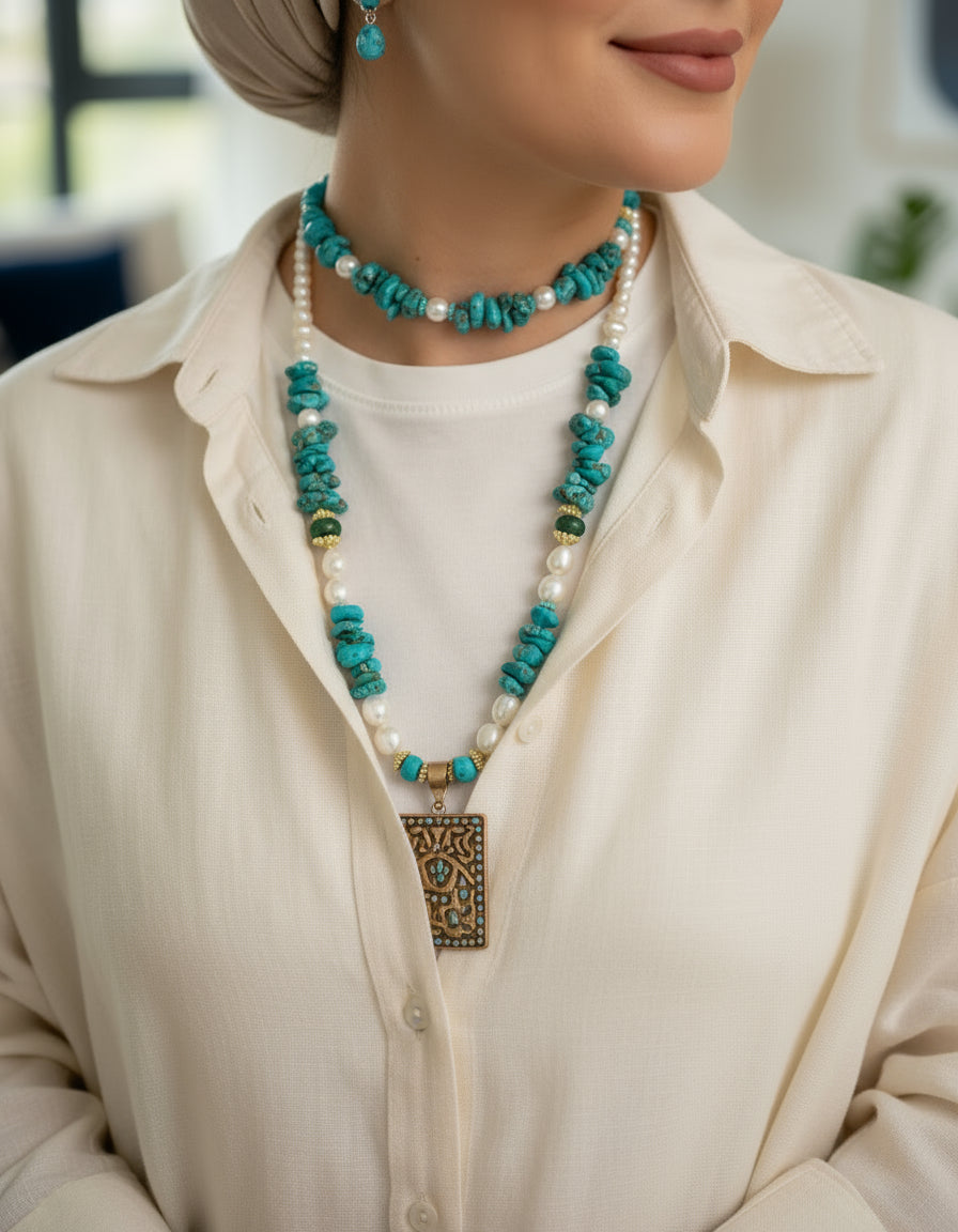 طقم عقد من اللؤلؤ و كسر الفيروز