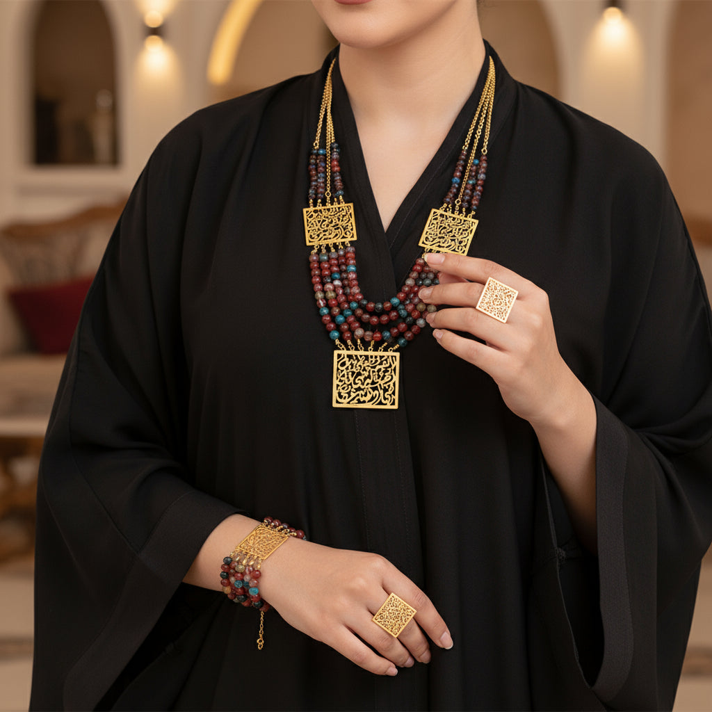 طقم حورية الفخم عقيق ملون بدلايات مطلية بماء الذهب