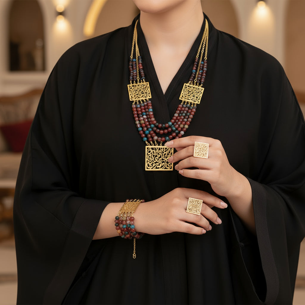 طقم حورية الفخم عقيق ملون بدلايات مطلية بماء الذهب