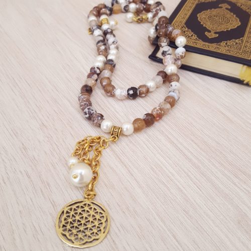 مِسبحة ريتاج الراقية – عقيق ملون و لؤلؤ أبيض (7550706254038)