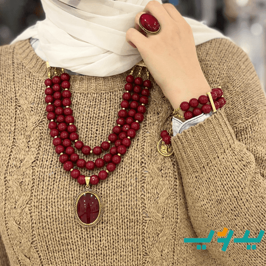 طقم عهد بحجر المرجان الأحمر – مطلي بماء الذهب
