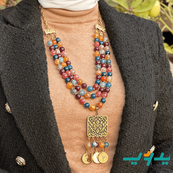 عقد شيرين بالعقيق الملون - نحاس