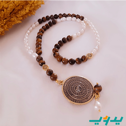 مسبحة عقيق بني مع  حبات اللؤلؤ الأبيض الرقيق (7718925566166)