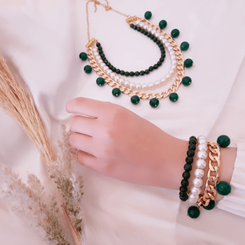 طقم شهرزاد – عقيق أخضر و لؤلؤ (7548362358998)