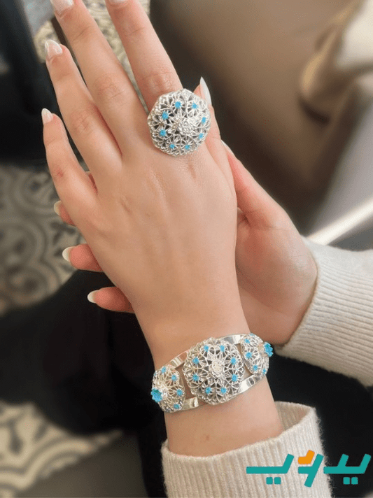 طقم زهور الفيروز – مطلي بماء الفضه